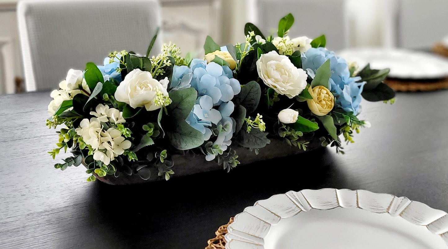 Farmhouse Table Centerpiece – Dough Bowl with Artificial Peonies