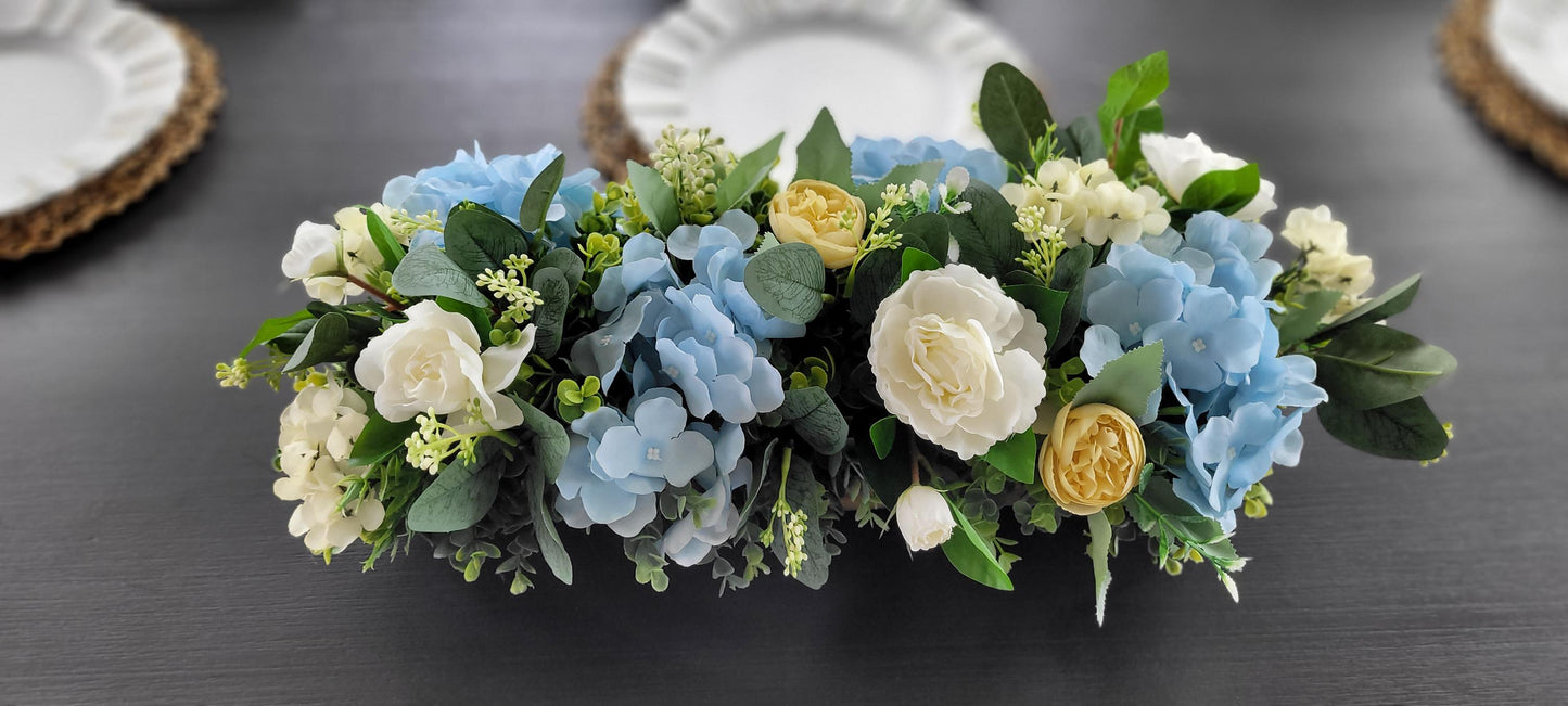 Farmhouse Table Centerpiece – Dough Bowl with Artificial Peonies
