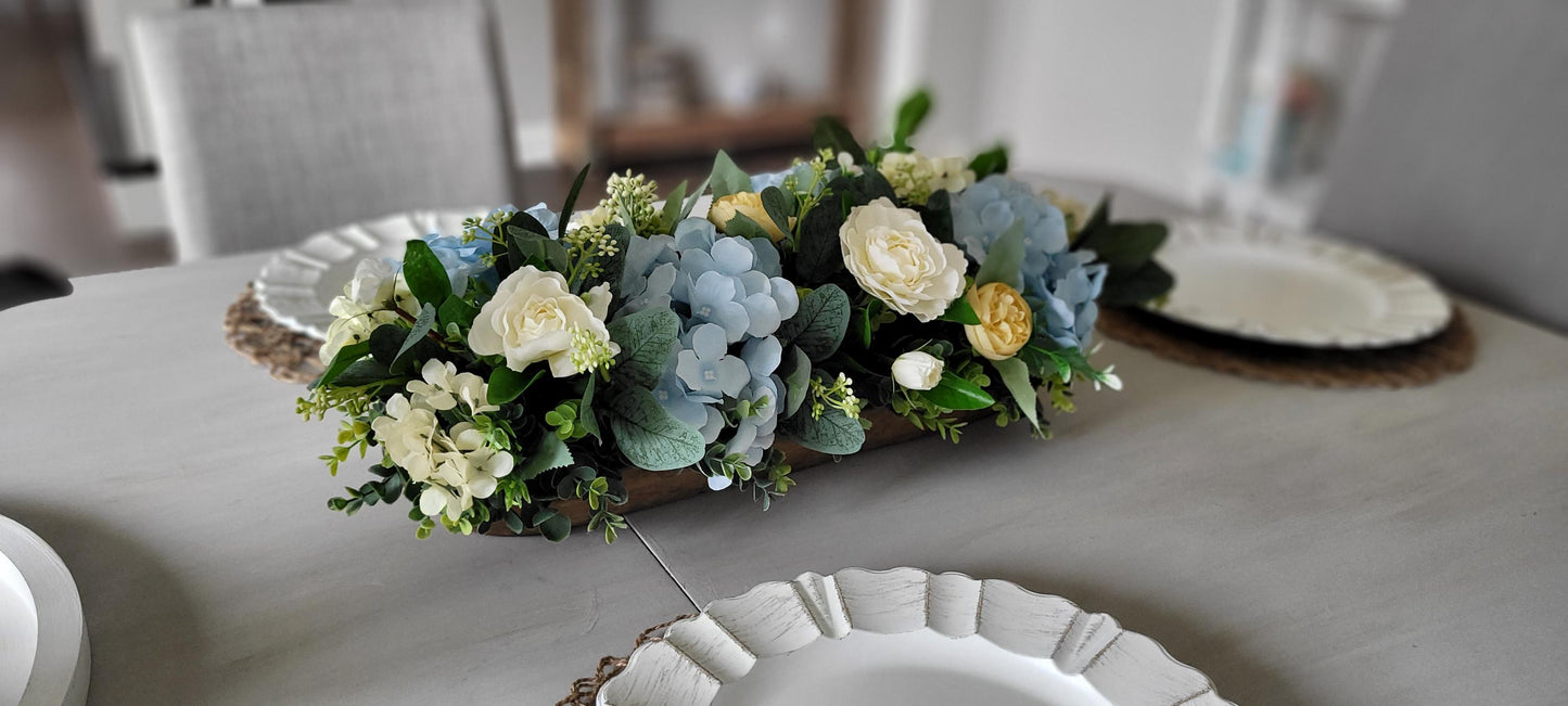 Farmhouse Table Centerpiece – Dough Bowl with Artificial Peonies