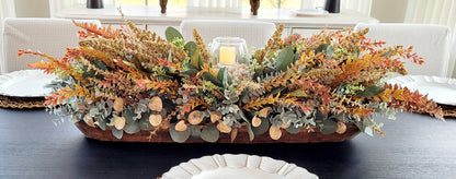 Fall Table Centerpiece – 30" Wooden Bowl with Dried Flowers & Candle