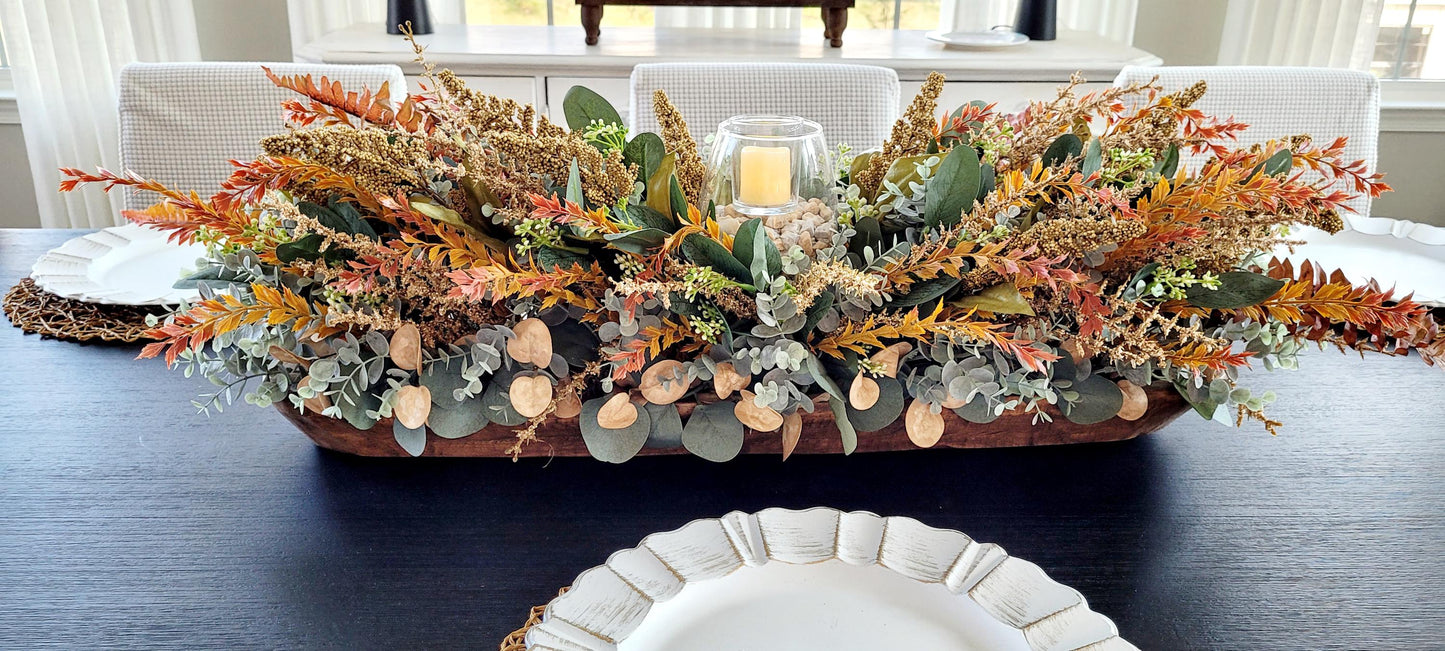 Fall Table Centerpiece – 30" Wooden Bowl with Dried Flowers & Candle
