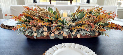 Fall Table Centerpiece – 30" Wooden Bowl with Dried Flowers & Candle