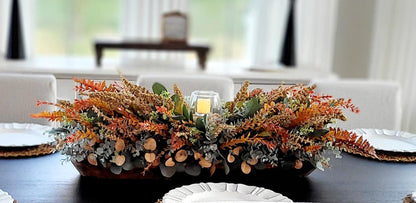Fall Table Centerpiece – 30" Wooden Bowl with Dried Flowers & Candle