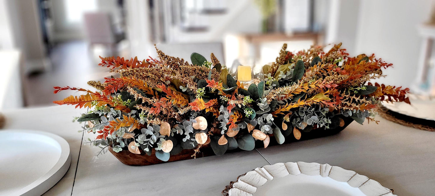 Fall Table Centerpiece – 30" Wooden Bowl with Dried Flowers & Candle
