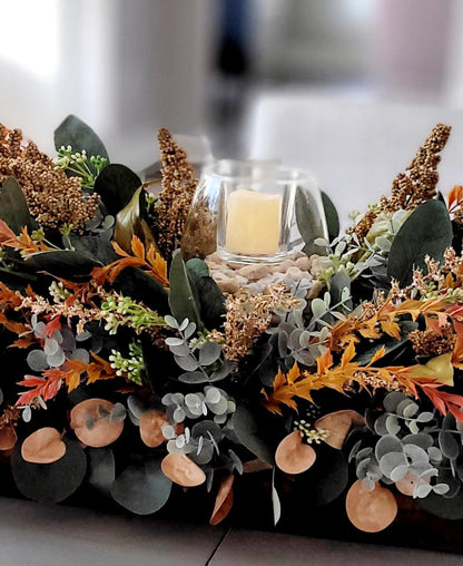 Fall Table Centerpiece – 30" Wooden Bowl with Dried Flowers & Candle