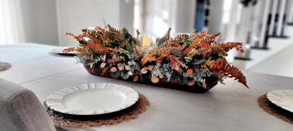 Fall Table Centerpiece – 30" Wooden Bowl with Dried Flowers & Candle