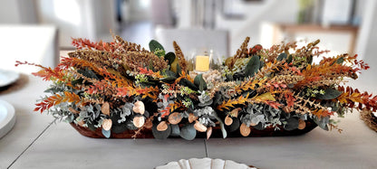 Fall Table Centerpiece – 30" Wooden Bowl with Dried Flowers & Candle
