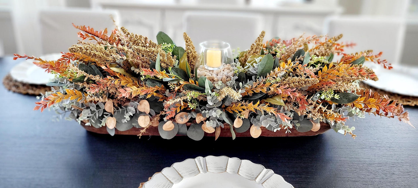 Fall Table Centerpiece – 30" Wooden Bowl with Dried Flowers & Candle