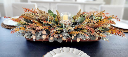 Fall Table Centerpiece – 30" Wooden Bowl with Dried Flowers & Candle