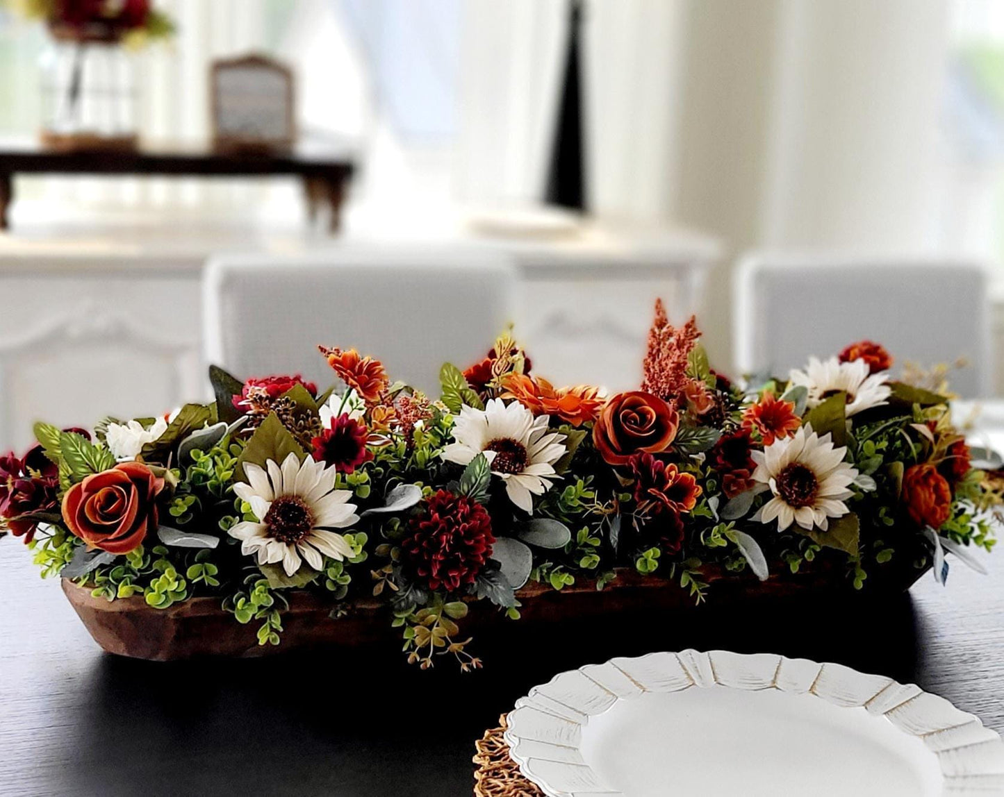 Autumn Floral Centerpiece Farmhouse Wooden Bowl Arrangement Fall Thanksgiving Dining Table Display Rustic Home Staging Burnt Orange Burgundy White Flowers Mixed Greenery Harvest Season Console Coffee Table Ready Made Seasonal Decoration