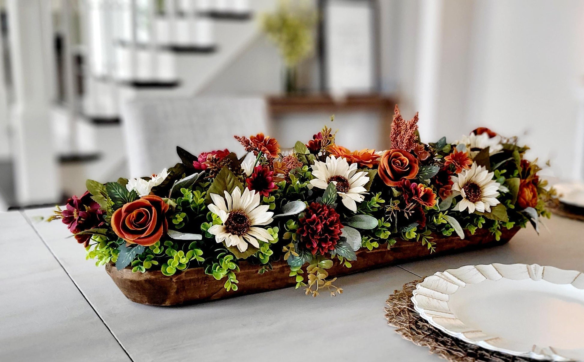Fall Table Centerpiece Wooden Bowl Arrangement Rustic Farmhouse Style Autumn Floral Display Burnt Orange Roses White Daisies Burgundy Dahlias Mixed Greenery Thanksgiving Dining Room Decoration Harvest Season Home Staging Coffee Table