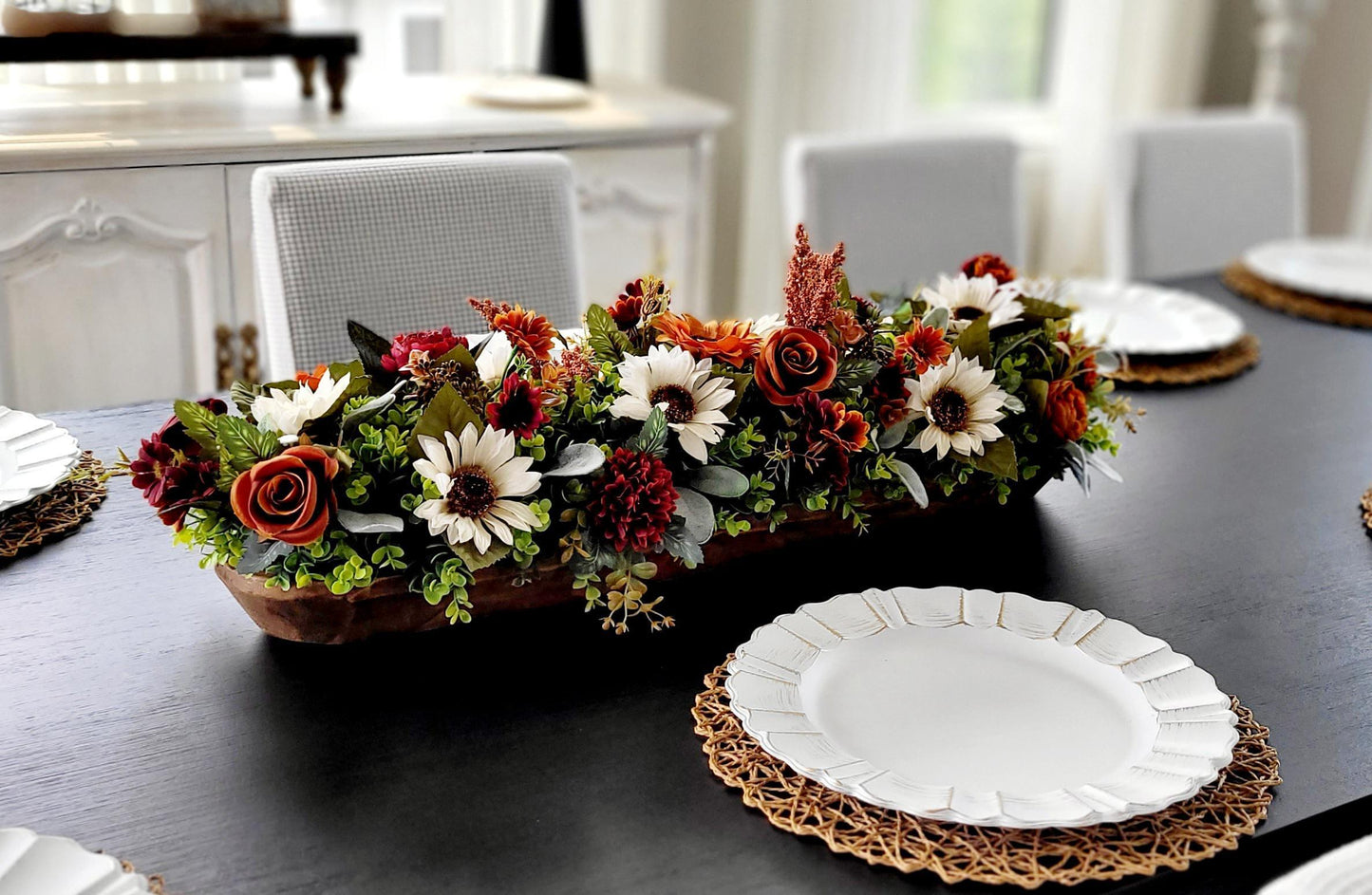 Fall Table Centerpiece – Wooden Bowl Sunflower Farmhouse Decor