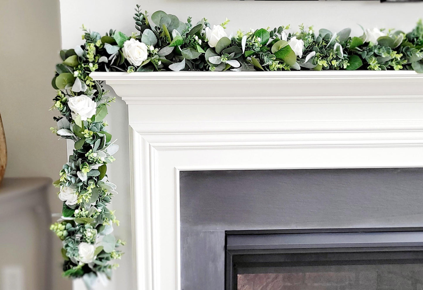White Rose Garland Eucalyptus Greenery Wedding Decoration Farmhouse Table Centerpiece Artificial Floral Garland Rustic Home Styling Mantel Decoration Faux Greenery Display Wedding Arch Flowers Boho Event Design Sage Green Garland Neutral