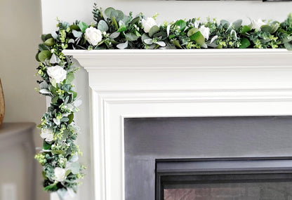 White Rose Garland Eucalyptus Greenery Wedding Decoration Farmhouse Table Centerpiece Artificial Floral Garland Rustic Home Styling Mantel Decoration Faux Greenery Display Wedding Arch Flowers Boho Event Design Sage Green Garland Neutral