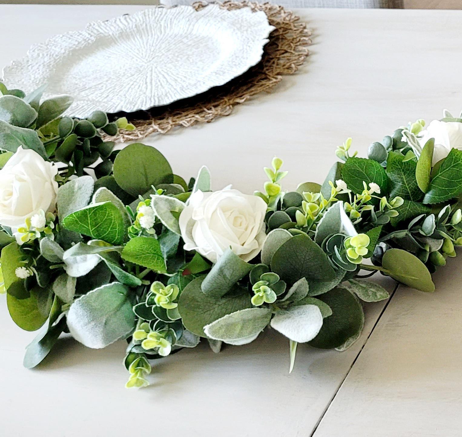 Eucalyptus Greenery Garland White Rose Artificial Floral Wedding Decoration Rustic Farmhouse Mantel Display Faux Greenery Centerpiece Boho Home Styling Wedding Arch Greenery Flexible Vine Garland Neutral Wedding Flowers Elegant Table Runner