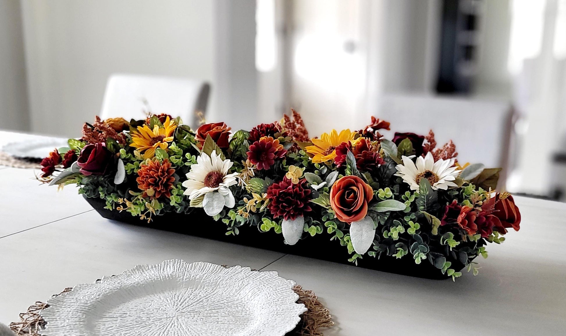 Fall Table Centerpiece Wooden Bowl Arrangement Sunflower Display Farmhouse Style Thanksgiving Dining Room Kitchen Counter Seasonal Display Rustic Home Styling Autumn Harvest Gift Vibrant Sunflowers Mums Natural Greenery Orange Brown Colors