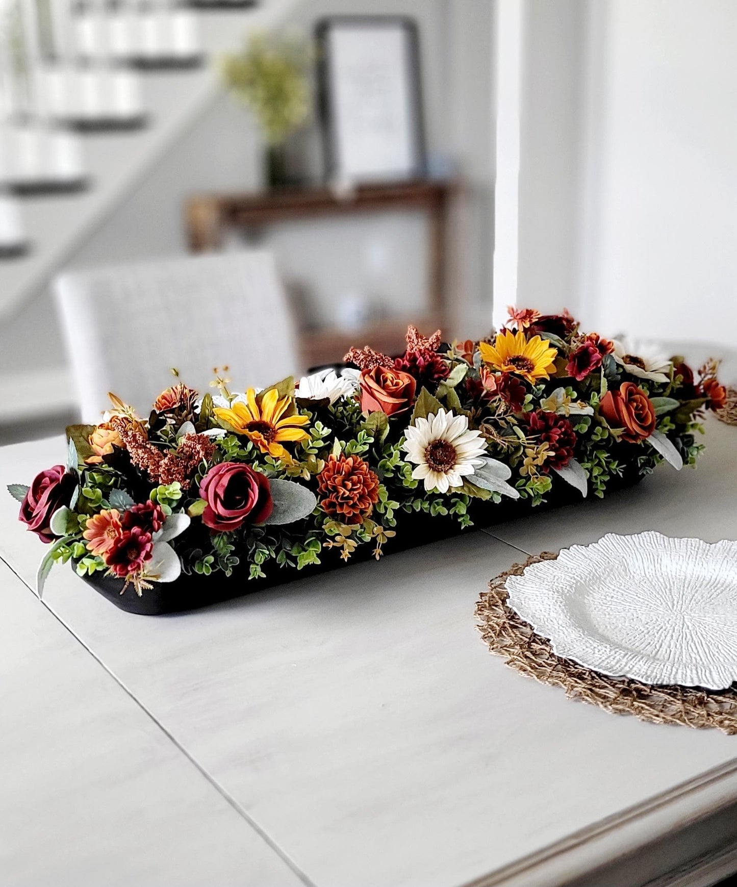 Rustic Wooden Bowl Centerpiece Fall Floral Arrangement Sunflower Thanksgiving Table Display Farmhouse Dining Room Kitchen Counter Autumn Harvest Seasonal Gift Natural Greenery Orange Brown Burgundy Roses Yellow Sunflowers White Daisies Rust