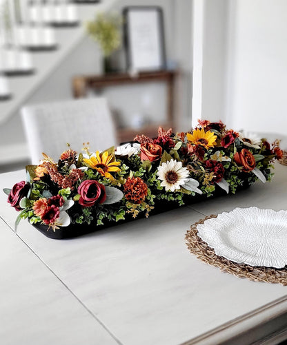 Rustic Wooden Bowl Centerpiece Fall Floral Arrangement Sunflower Thanksgiving Table Display Farmhouse Dining Room Kitchen Counter Autumn Harvest Seasonal Gift Natural Greenery Orange Brown Burgundy Roses Yellow Sunflowers White Daisies Rust