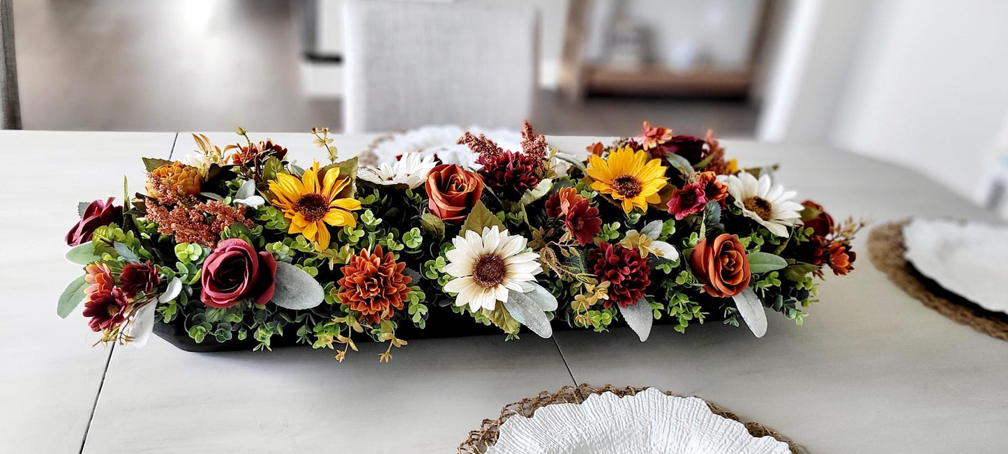 Fall Table Centerpiece – Wooden Bowl Sunflower Arrangement
