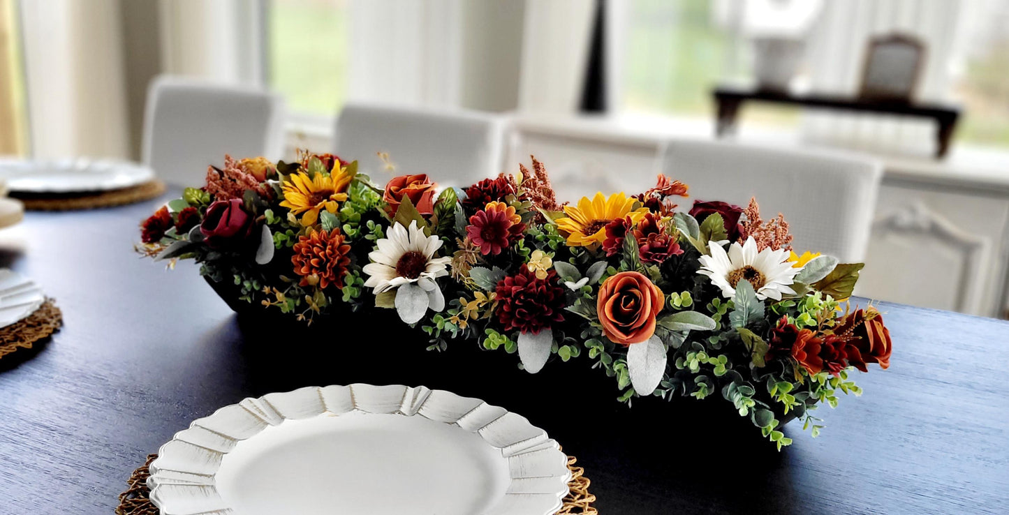 Fall Table Centerpiece – Wooden Bowl Sunflower Arrangement