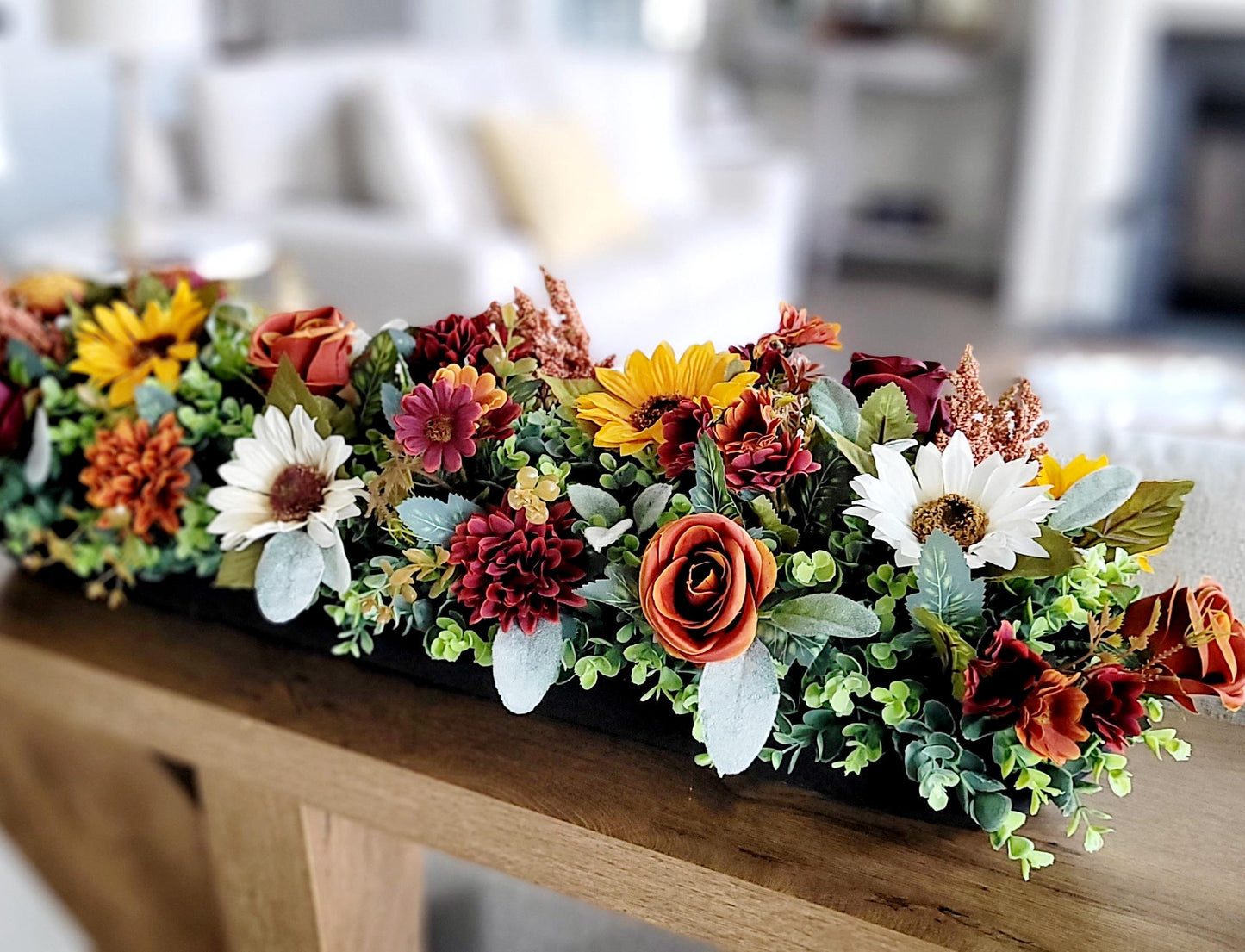 Fall Table Centerpiece – Wooden Bowl Sunflower Arrangement
