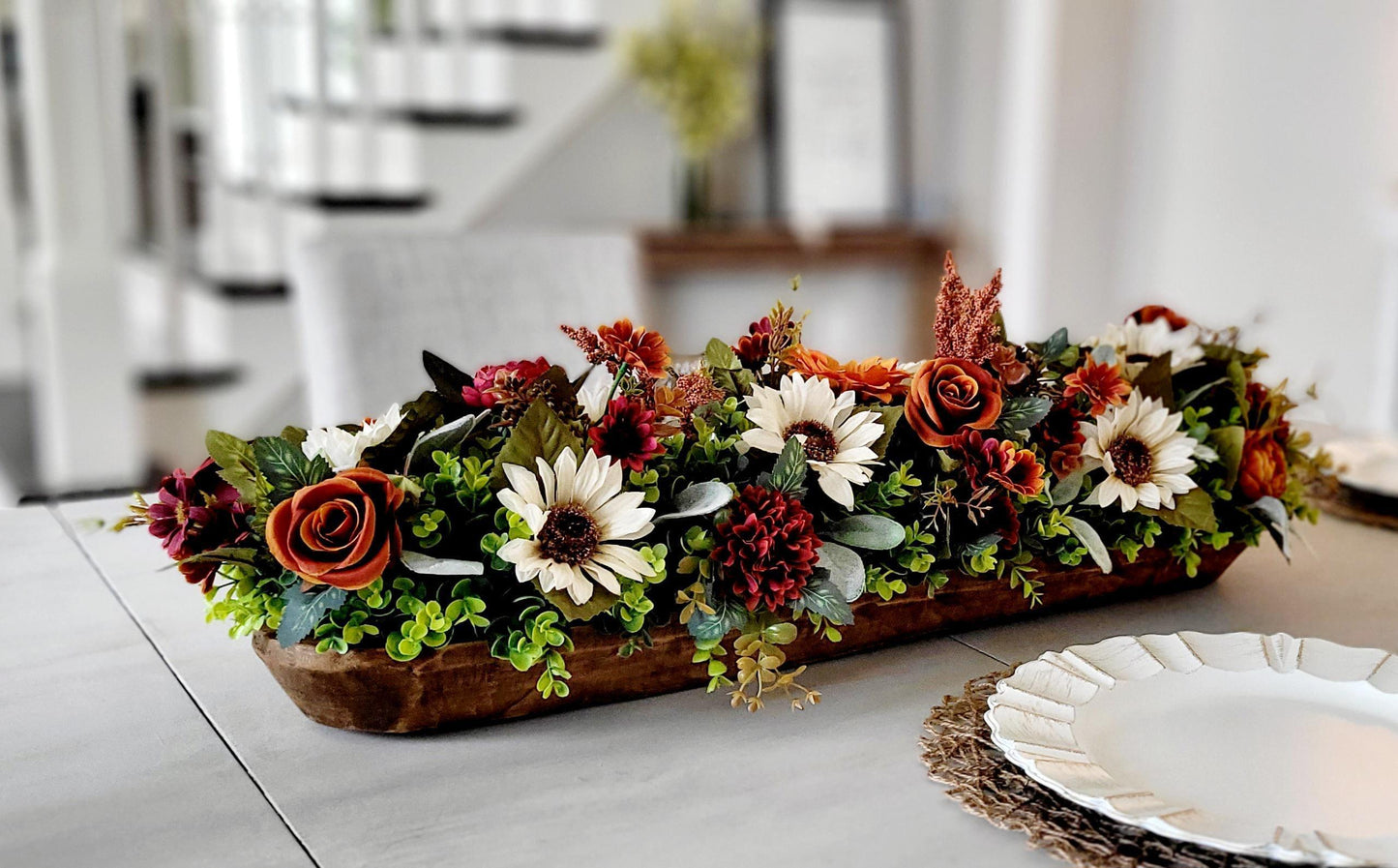 Fall Table Centerpiece – Wooden Bowl Sunflower Arrangement