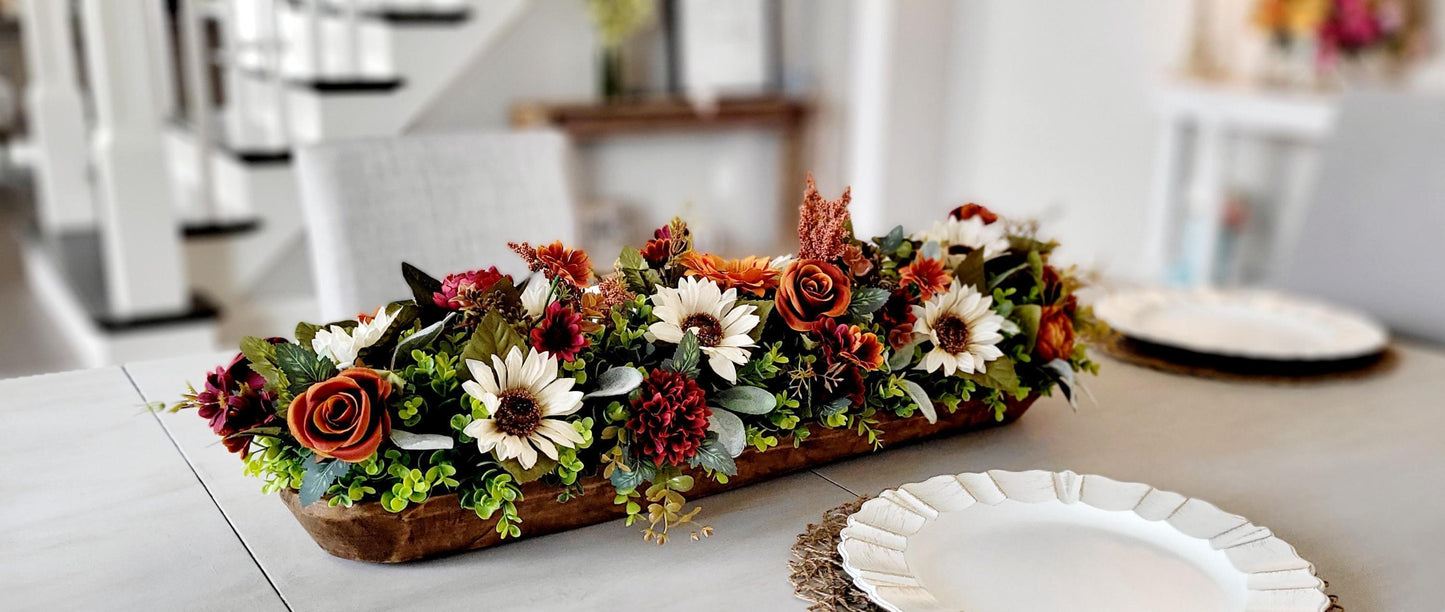 Wooden Bowl Centerpiece Fall Floral Arrangement Farmhouse Thanksgiving Table Setting Rustic Autumn Home Staging Burnt Orange Burgundy White Flower Display Dining Room Coffee Table Console Decoration Harvest Season Ready Made Centerpiece