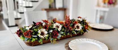 Wooden Bowl Centerpiece Fall Floral Arrangement Farmhouse Thanksgiving Table Setting Rustic Autumn Home Staging Burnt Orange Burgundy White Flower Display Dining Room Coffee Table Console Decoration Harvest Season Ready Made Centerpiece