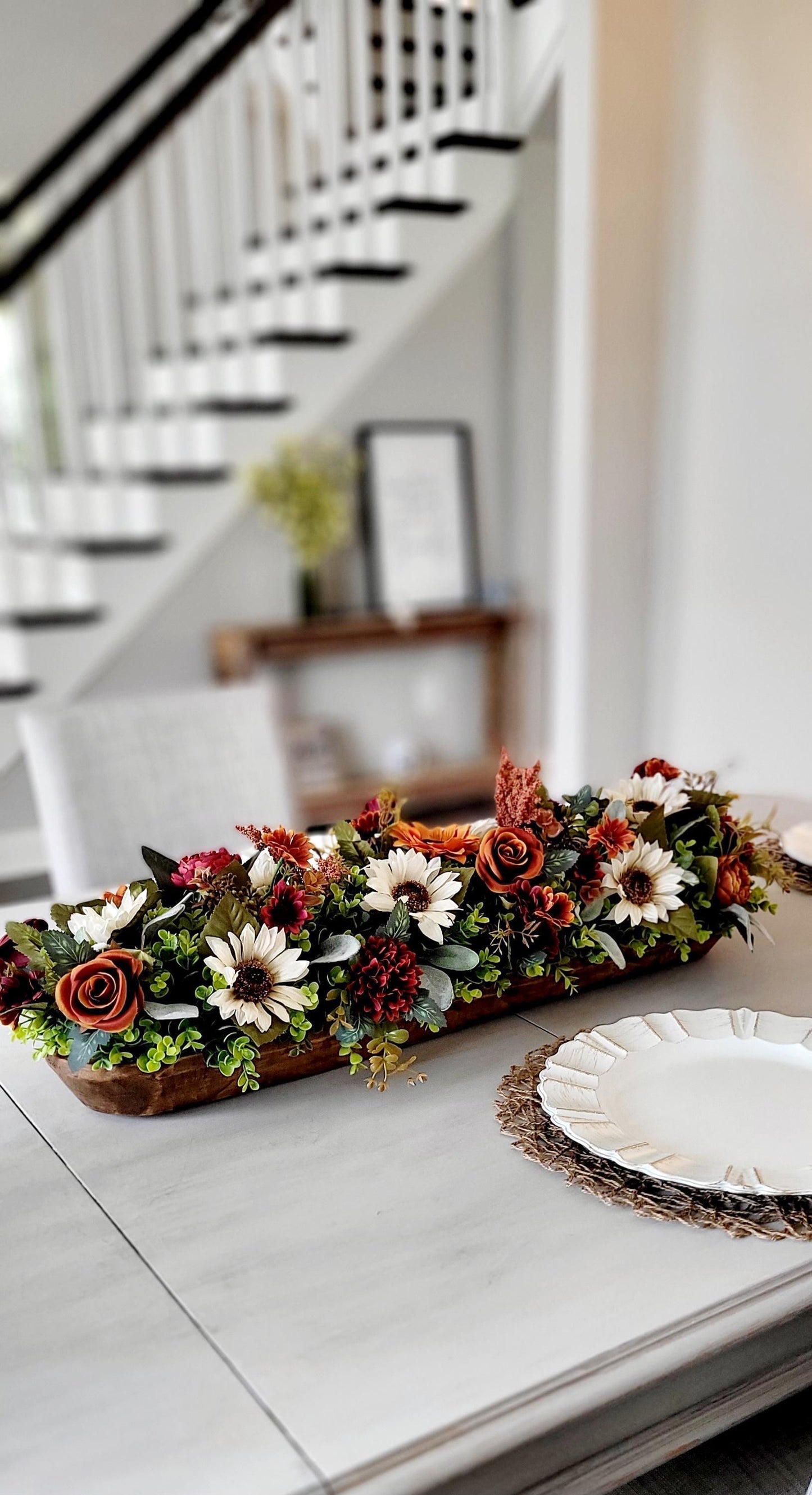 Rustic Farmhouse Centerpiece Wooden Dough Bowl Fall Floral Display Thanksgiving Table Decoration Autumn Dining Room Styling Burnt Orange Roses Burgundy Dahlias White Daisies Greenery Harvest Season Console Table Coffee Table Ready Made