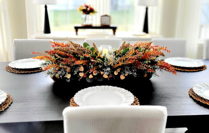 Rustic Fall Arrangement Wooden Bowl Centerpiece Dining Table Display Dried Flowers Eucalyptus Collection Thanksgiving Home Decoration Autumn Harvest Seasonal Accent Farmhouse Style Mantel Console Table Decor Natural Botanical Elements
