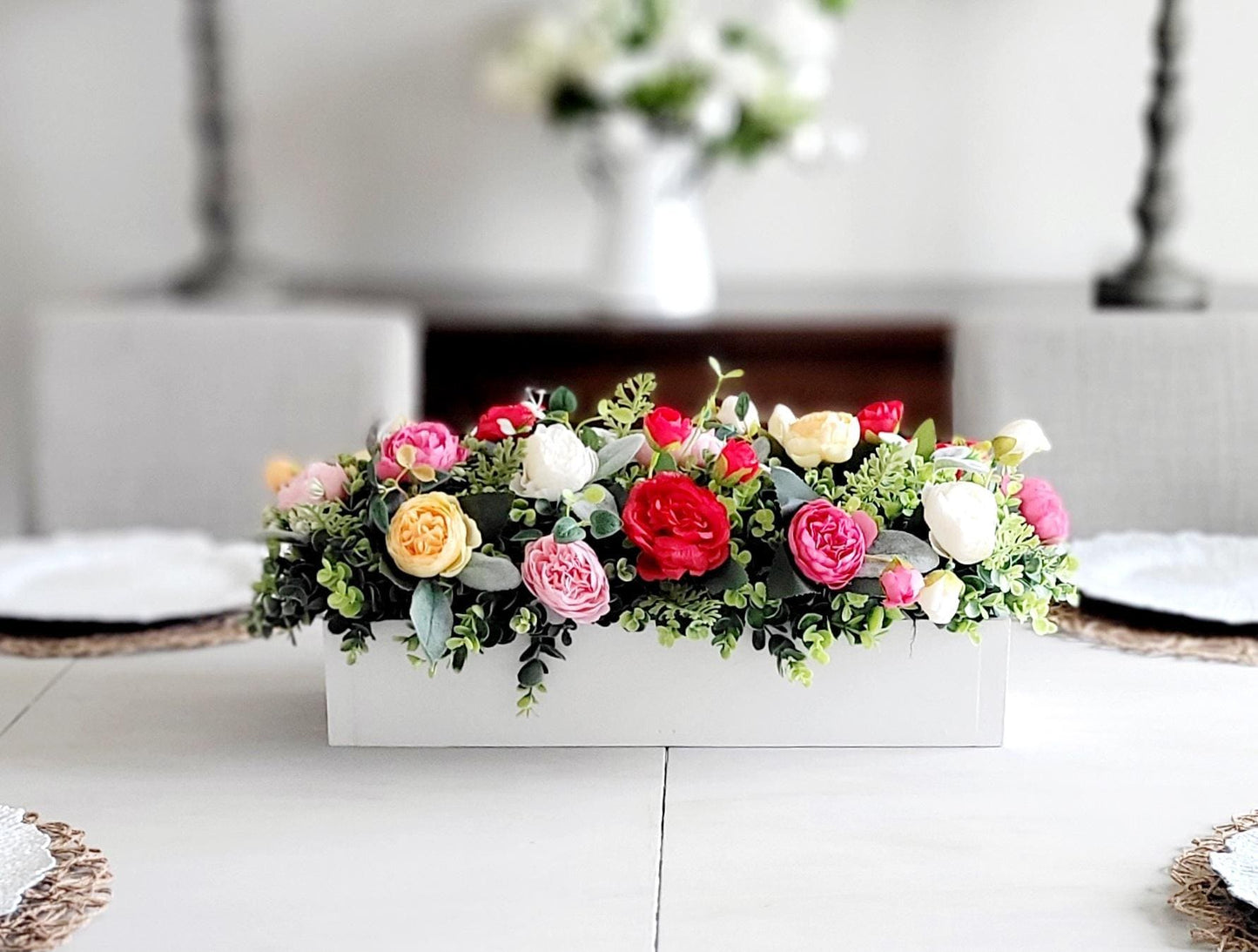 Farmhouse Table Centerpiece Silk Flower Arrangement Wood Box Display Rustic Dining Room Styling Kitchen Island Accent Artificial Peony Roses Greenery Spring Home Styling Everyday Elegance Special Occasion Table Arrangement Country Style