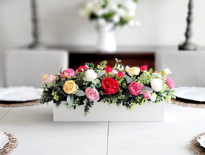 Farmhouse Table Centerpiece Silk Flower Arrangement Wood Box Display Rustic Dining Room Styling Kitchen Island Accent Artificial Peony Roses Greenery Spring Home Styling Everyday Elegance Special Occasion Table Arrangement Country Style