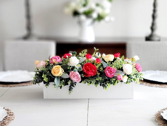 Farmhouse Table Centerpiece Silk Flower Arrangement Wood Box Display Rustic Dining Room Styling Kitchen Island Accent Artificial Peony Roses Greenery Spring Home Styling Everyday Elegance Special Occasion Table Arrangement Country Style