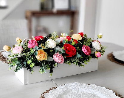 Silk Flower Arrangement Farmhouse Style Centerpiece Wood Box Container Artificial Peony Roses Mixed Greenery Rustic Country Kitchen Display Dining Table Styling Mantel Accent Piece Entryway Display Spring Home Styling Handcrafted Floral