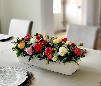 Farmhouse Table Centerpiece – Silk Flower Arrangement in Wood Box