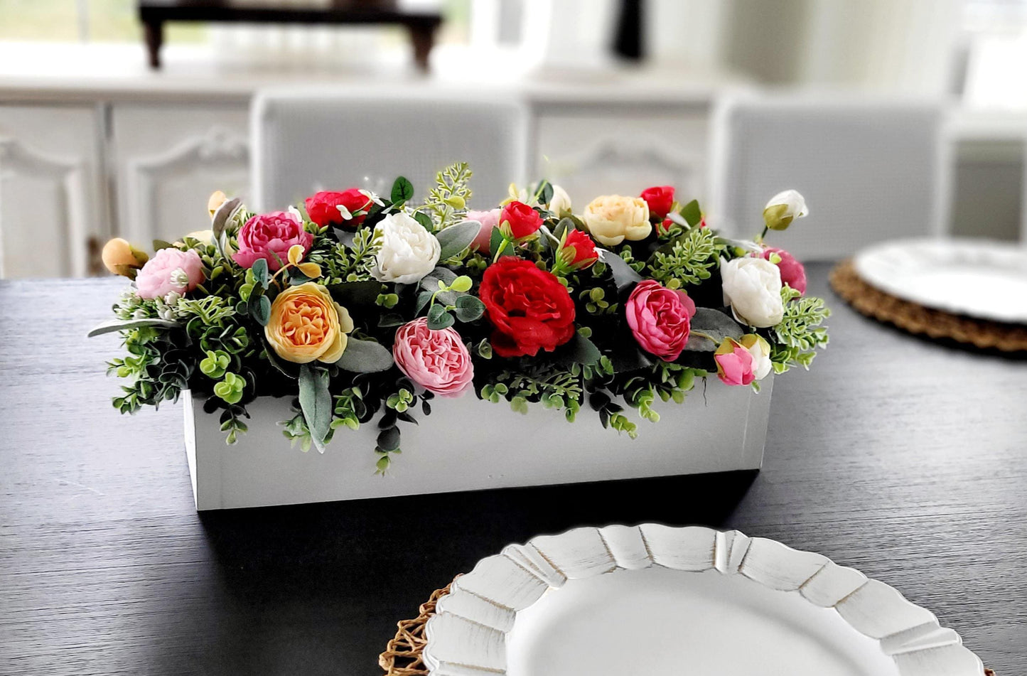 Farmhouse Table Centerpiece – Silk Flower Arrangement in Wood Box