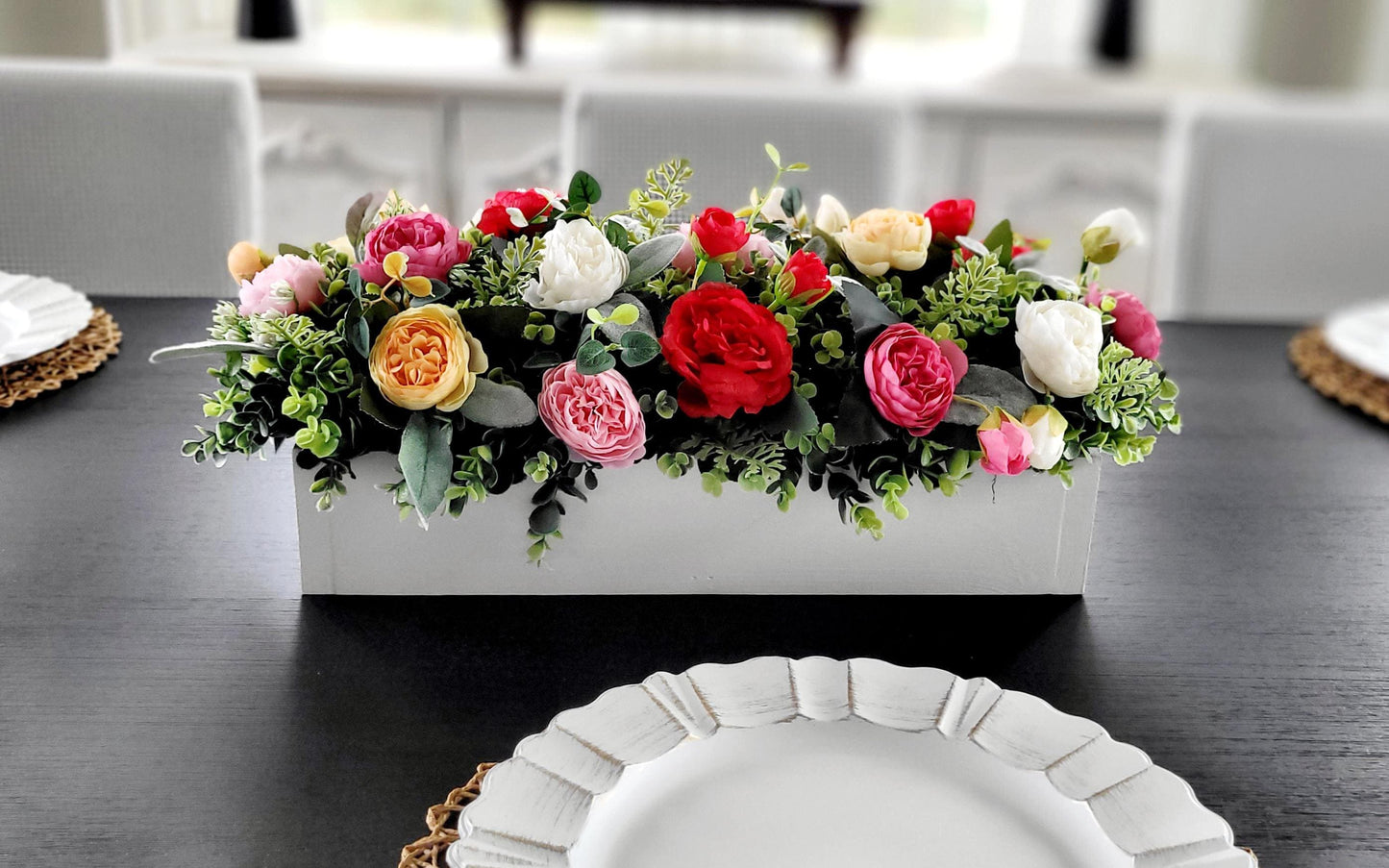 Farmhouse Table Centerpiece – Silk Flower Arrangement in Wood Box