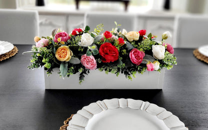 Farmhouse Table Centerpiece – Silk Flower Arrangement in Wood Box