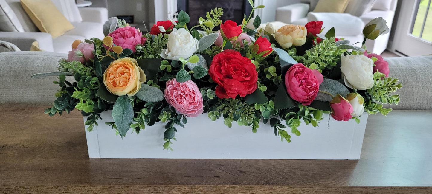 Farmhouse Table Centerpiece – Silk Flower Arrangement in Wood Box