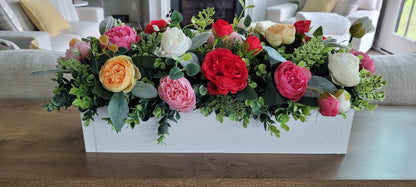 Farmhouse Table Centerpiece – Silk Flower Arrangement in Wood Box