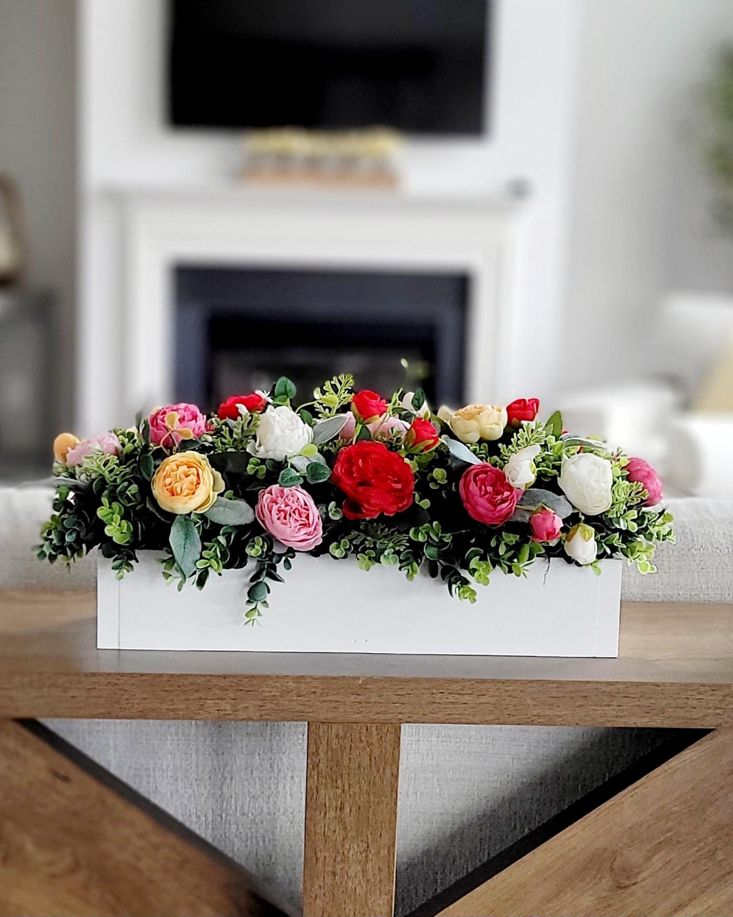 Farmhouse Table Centerpiece – Silk Flower Arrangement in Wood Box