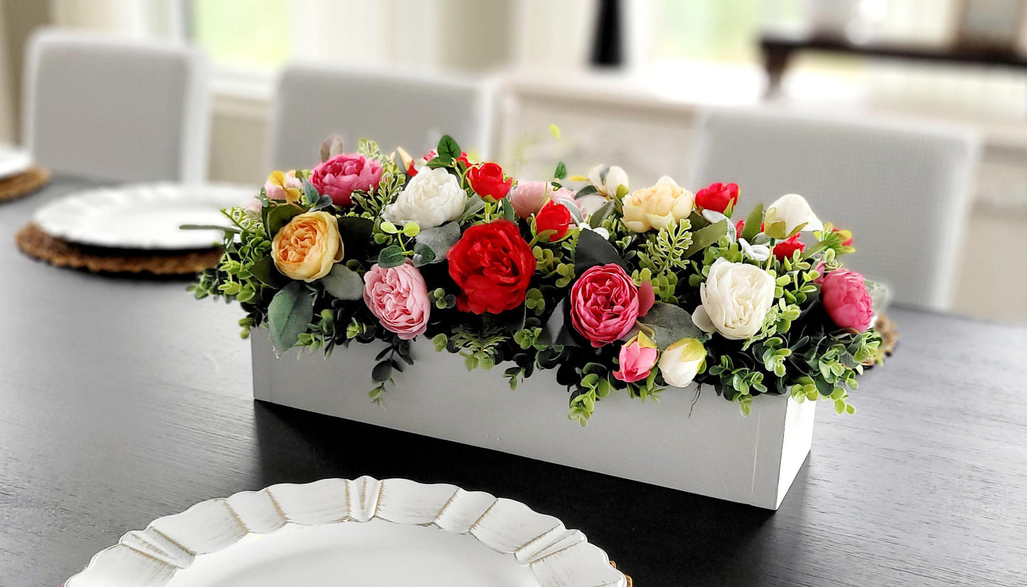 Farmhouse Table Centerpiece – Silk Flower Arrangement in Wood Box