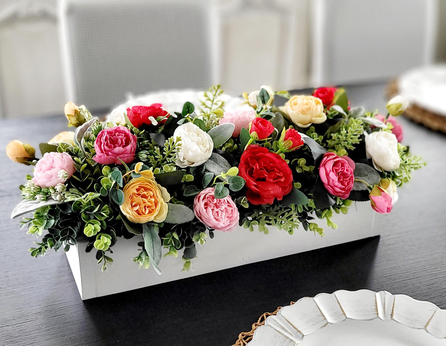 Farmhouse Table Centerpiece – Silk Flower Arrangement in Wood Box