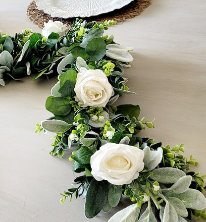Artificial Eucalyptus Garland White Rose Wedding Arch Decoration Farmhouse Mantel Display Greenery Garland Rustic Wedding Centerpiece Faux Floral Table Runner Boho Home Styling Lamb's Ear Foliage Mixed Greenery Vine Base Flexible Garland