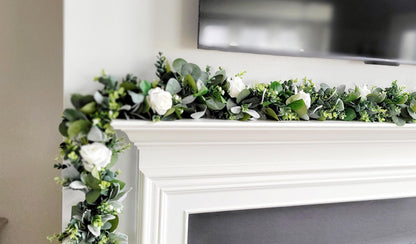 Wedding Arch Garland Artificial Eucalyptus Greenery White Rose Floral Display Farmhouse Rustic Centerpiece Mantel Garland Decoration Faux Greenery Table Runner Boho Wedding Styling Lamb's Ear Greenery Mixed Foliage Garland Neutral Event