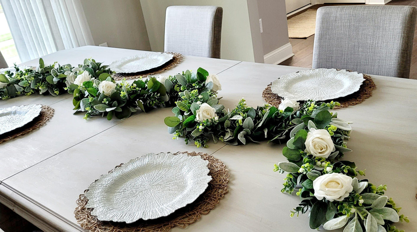 Farmhouse Mantel Garland Artificial Eucalyptus Greenery White Rose Wedding Arch Decoration Rustic Table Centerpiece Faux Floral Garland Boho Home Styling Neutral Wedding Flowers Lamb's Ear Greenery Elegant Bridal Shower Display Flexible