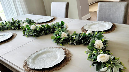 Farmhouse Mantel Garland Artificial Eucalyptus Greenery White Rose Wedding Arch Decoration Rustic Table Centerpiece Faux Floral Garland Boho Home Styling Neutral Wedding Flowers Lamb's Ear Greenery Elegant Bridal Shower Display Flexible