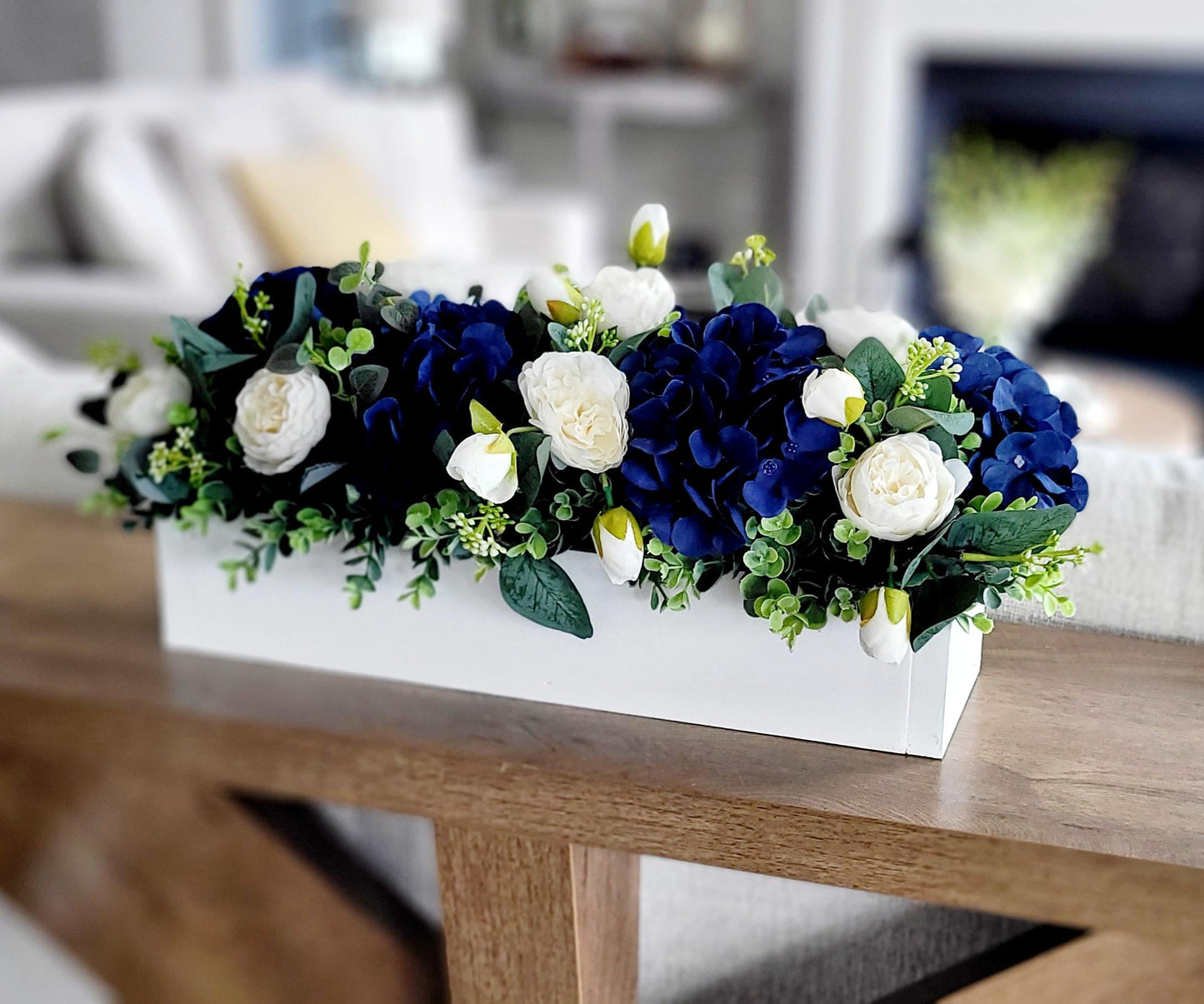 Navy Blue Centerpiece Silk Flower Arrangement Rustic White Wooden Box Container Artificial Hydrangea Rose Display Farmhouse Table Styling Dining Room Coffee Table Mantel Console Home Styling Eucalyptus Greenery Accent Maintenance Free Faux