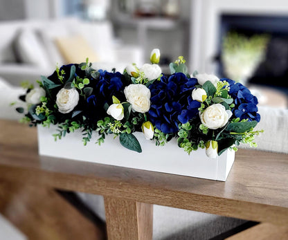 Navy Blue Centerpiece Silk Flower Arrangement Rustic White Wooden Box Container Artificial Hydrangea Rose Display Farmhouse Table Styling Dining Room Coffee Table Mantel Console Home Styling Eucalyptus Greenery Accent Maintenance Free Faux