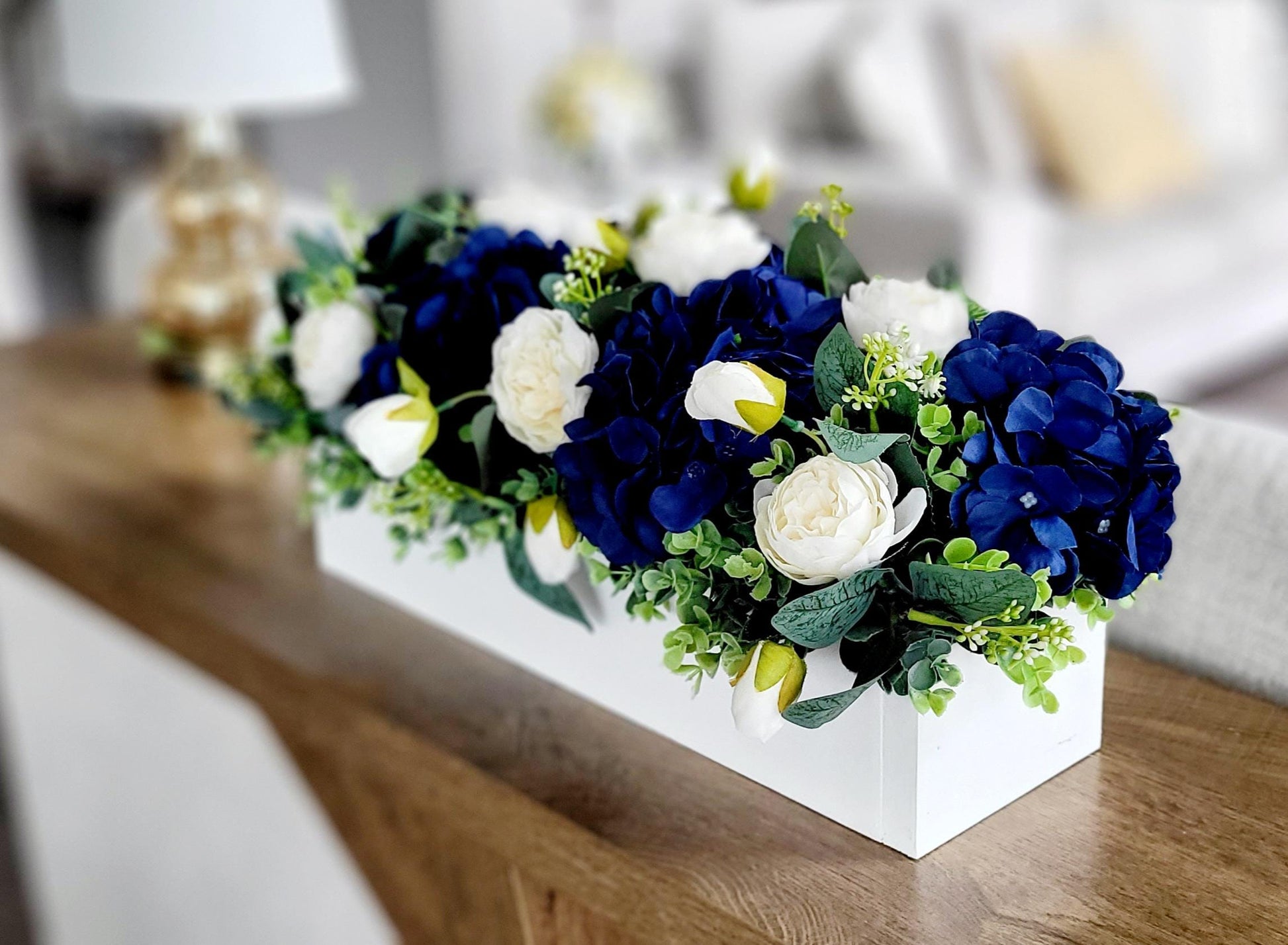 Silk Flower Arrangement Navy Blue Hydrangea Rose Centerpiece Artificial Floral Display Rustic Wooden Box Planter Wedding Table Styling Reception Dining Room Farmhouse Home Styling Cream Ivory Blooms Eucalyptus Greenery Maintenance Free Year
